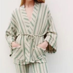 Zara The Beth Kimono Jacket Rustic Green Tan Stripe Belted Woven Cotton